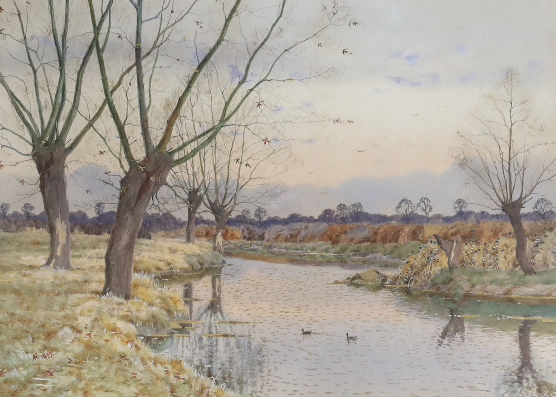 Patricia Prentice (1923-), watercolour, Coastal scene, signed, 15 x 22cm and Arthur Anderson Fraser, watercolour of ducks on a river, dated 1899, 28 x 39cm